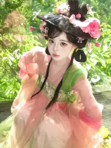 Bên cụm hoa, mỹ nhân Trung Hoa diện cổ trang xanh hồng tạo dáng dịu dàng