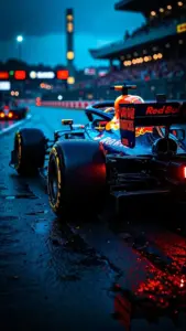 Đuôi xe Red Bull nổi bật trên đường phố ướt, đèn xanh cam phản chiếu xuống mặt nhựa.