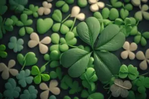 Phần nền xanh mờ phía sau giúp chiếc lá cỏ 4 lá nổi bật mà không làm rối mắt.