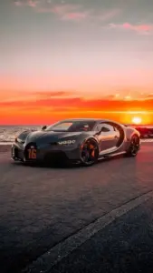 Giao diện sáng hơn với nền điện thoại xe sang chụp Bugatti trắng trong gara kính hiện đại.