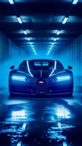 Chi tiết capo bóng trên wallpaper Bugatti phản chiếu hàng đèn trần thành những đường sáng mượt.
