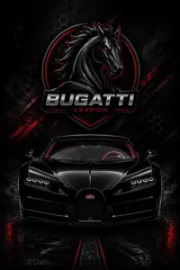 Trên mặt đường đêm, phản chiếu neon tím kéo dài quanh bánh xe Bugatti màu đen.