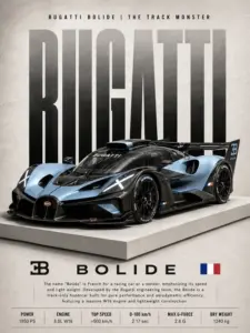 Chiếc Bugatti đứng giữa nền asphalt xám ướt, đèn hậu đỏ hắt nhẹ ra phía sau.