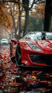 Ảnh dọc ghi lại chiếc Ferrari đen trong ảnh dọc, ánh đèn hắt lên thân xe rất gọn.
