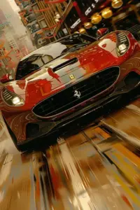 Một góc gara sáng bóng đặt bộ sưu tập xe phía sau, chiếc Ferrari đỏ đứng nổi bật ở giữa.