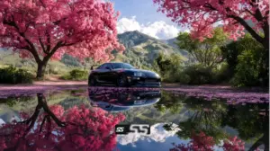 Chiếc Lamborghini Huracan màu vàng nằm giữa gara tối, thân xe bóng phản rõ dải đèn trần.