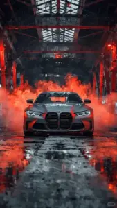 Thân xe đỏ của Lamborghini Aventador nằm sát mặt đường, đèn pha bật sáng giữa phố đêm ướt mưa.
