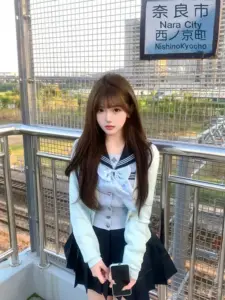 Trước biển chỉ dẫn nhà ga, ảnh nữ sinh cute nổi bật với váy xếp ly và tóc nâu dài