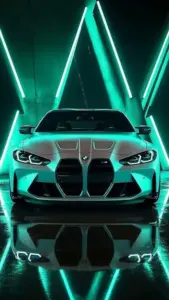 Màn hình khóa dùng nền điện thoại BMW với đầu xe xám, đồng hồ nằm gọn trên vùng trời tối.