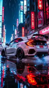 Một bộ nền Civic nét cao ghi lại xe trắng đỗ trước tòa nhà kính buổi sáng.