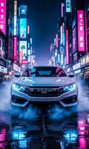 Trên con đường ven sông, Honda Civic RS màu xám chạy chậm qua hàng đèn phản chiếu.