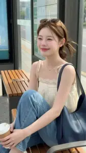 Góc quán ngoài trời có cô gái áo trắng, quần jeans, túi đen và nụ cười mềm