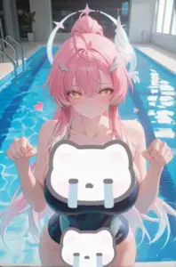 Bể bơi xanh làm nổi nhân vật nữ anime tóc hồng ôm đồ hình gấu, cười hiền