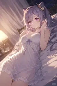 Nắng chiều phủ quanh girl anime dễ mến tóc tím mặc váy mỏng, ngồi tạo dáng nhẹ