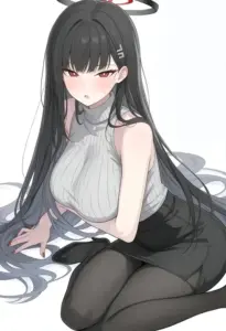 nàng thơ anime tóc đen mặc áo len trắng, ngồi khép chân với nụ cười kín đáo