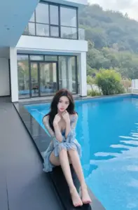 Cô gái ngồi cạnh hồ xanh trước căn nhà kính, áo choàng nhẹ phủ dáng rất thanh