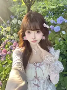 Vườn cẩm tú cầu tím làm cô nàng váy bèo trắng thêm mềm mại với dáng selfie gần