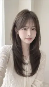 Trong ánh đèn phòng, hot girl tóc dài mặc cardigan trắng nhìn thẳng đầy dịu dàng