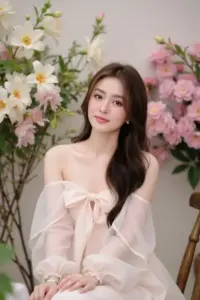 Nền hoa hồng phía sau làm cô gái váy trễ vai thêm ngọt, tóc nâu dài mềm