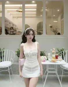 Ánh hoàng hôn làm váy trắng và mái tóc đen của nàng nổi bật trên lối cỏ