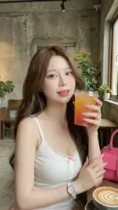 Bên ô cửa bê tông, cô gái áo kem cầm ly, mái tóc nâu phủ vai mềm