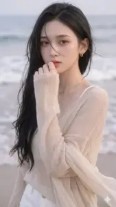 Cô gái mặc sơ mi trắng dưới giàn hoa giấy, tóc buộc thấp và cười trong trẻo