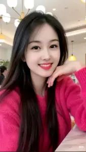 Giữa không gian nhà, cô gái áo hồng chống cằm cười tươi với ánh mắt rạng rỡ