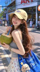 Cô gái đội mũ vàng ôm trái dừa, mỉm cười rạng rỡ giữa phố nắng
