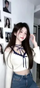 Trước gương phòng riêng, nàng thơ ngọt ngào mặc áo trắng viền đen cười nhẹ nhàng