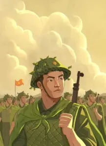 Một ảnh nền chiến sĩ Việt Nam chụp lúc hoàng hôn, nhân vật quay lưng nhìn về dãy núi xa.