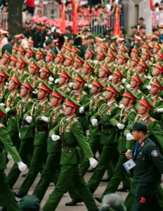 Một quân nhân tham quan Bảo tàng Lịch sử Quân sự Việt Nam, tay chỉnh mũ cối dưới ánh đèn vàng dịu.