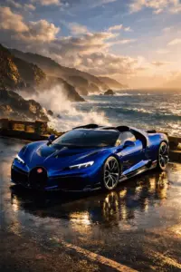 Ánh hoàng hôn phủ lên Bugatti Mistral mui trần, khoang lái mở nhìn rất thoáng và sang.