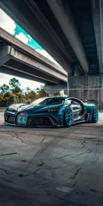 Mặt đường asphalt ướt làm McLaren cam và Bugatti xanh phản chiếu thành hai vệt màu rực.