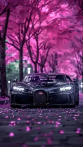 Mặt trước Bugatti nổi bật với lưới tản nhiệt móng ngựa đặt giữa nền tối sạch mắt.