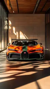 Chiếc Bugatti màu xanh đứng yên trên đường đua, cánh gió sau nâng cao đầy thể thao.