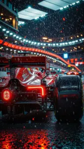 Góc chụp thấp bắt trọn Ferrari Roma màu bạc, đèn pha sáng nhẹ bên con đường lát đá.