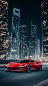Bức wallpaper Ferrari cho điện thoại đặt chiếc xe đỏ giữa đường đua, nền sau mờ rất gọn mắt.
