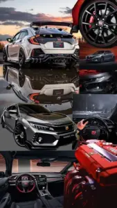 Khung ảnh dùng ảnh nền Civic sắc nét, xe đỏ đứng nghiêng trước gara với mặt sơn bóng.