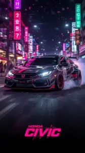 Chiếc Civic xám đứng dưới ánh đèn đô thị, mặt đường ướt phản chiếu quanh bốn bánh.