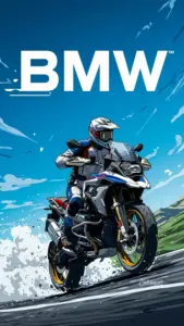 Nền xanh của hình nền xe phân khối làm chiếc BMW đang nghiêng cua trông nổi và sạch.
