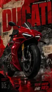 Ánh đỏ phủ kín poster Ducati, đầu xe chồm tới trước giữa chữ nền thô và tối.