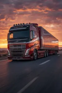 Đầu xe màu cam nhìn trực diện, đèn pha sáng mạnh trên nền bãi đỗ đầy sương.
