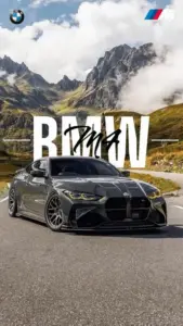 Đầu xe BMW M4 màu xanh đậm nằm dưới ánh đèn phố, mâm lớn phản chiếu trên mặt đường ướt.