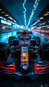 Dưới ánh đèn xanh trong gara, xe Red Bull nhìn từ trên xuống lộ rõ thân vỏ bóng.