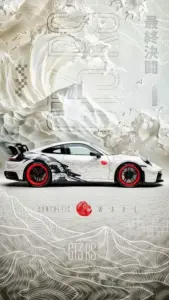 Nền giấy cổ điển làm chiếc Porsche trắng nổi bật, thân xe sạch và đường nét rất gọn.