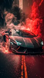 Góc chụp ngang bắt trọn Lamborghini Huracán màu xanh lá đang đỗ cạnh vạch kẻ đường dưới ánh đèn lạnh.