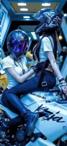 Cô gái anime tóc xanh ngồi cạnh xe thể thao, bộ đồ ôm và ánh đèn xanh phủ kín.