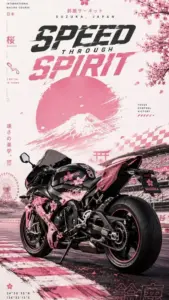 Tông hồng bụi của ảnh nền mô tô làm chiếc sportbike đen nổi bật dưới dòng chữ tốc độ.