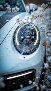Khung ngang của nền xe thể thao Porsche thân bạc nằm gọn giữa hai vệt sáng.