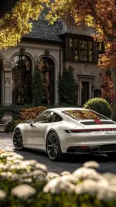 Khung dùng ảnh nền Porsche sắc nét, xe đỏ dừng trước gara, bóng sơn phản sáng dịu.
